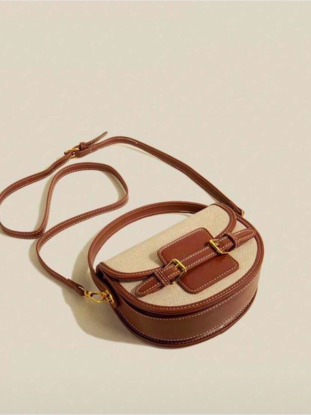 Brown & Cream Saddle Crossbody Bag with Top Handle - Picture 3 of 7